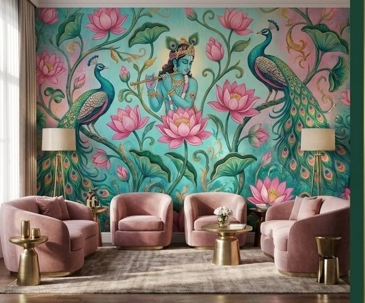 Oversized lotus blooms behind curved seating