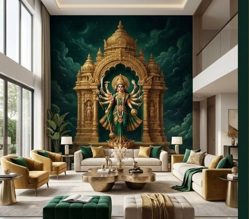 A gilded temple mural over a formal living court