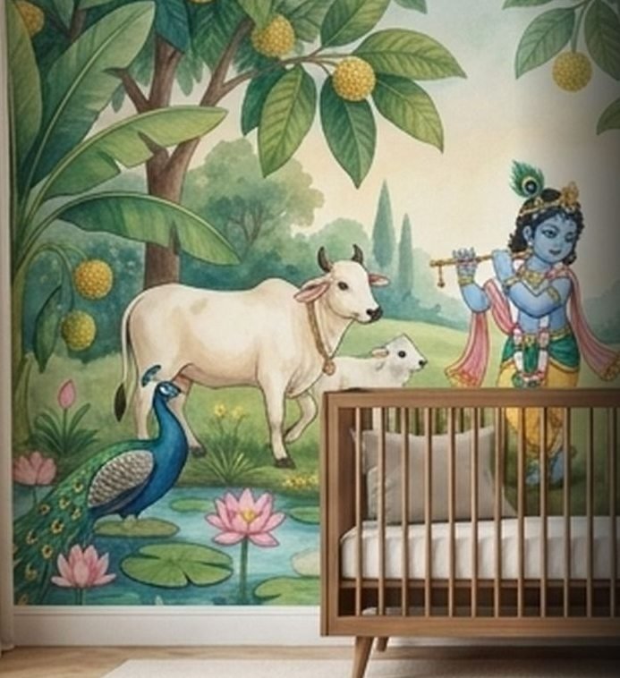 Baby Krishna painted softly on a nursery wall