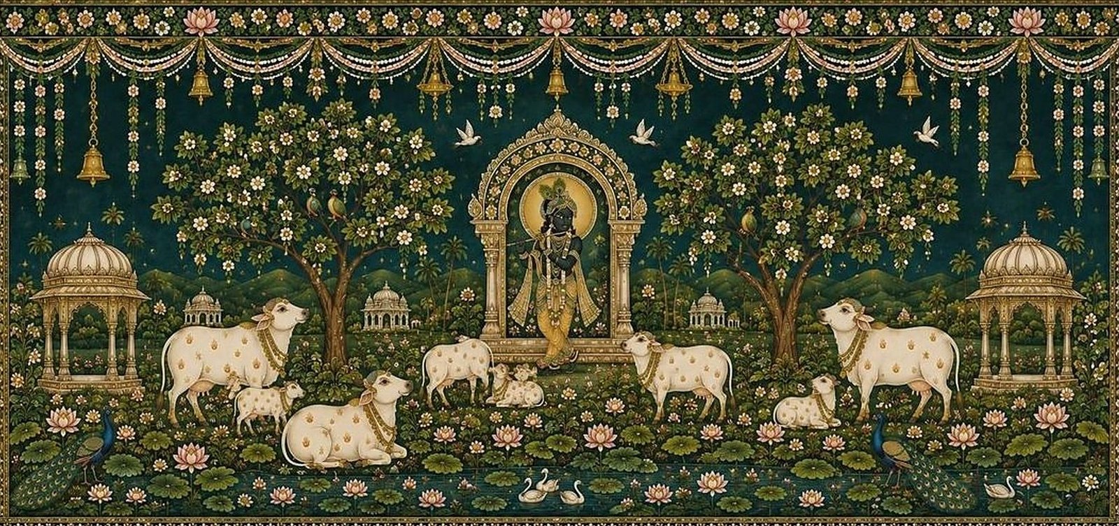 Pichwai: Eternal Melody — Krishna at the heart of a garlanded grove with cows, peacocks and temple pavilions
