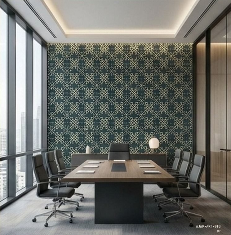 A deep green lattice wall in a boardroom