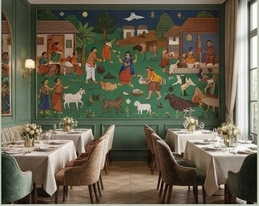 A narrative mural along a restaurant wall