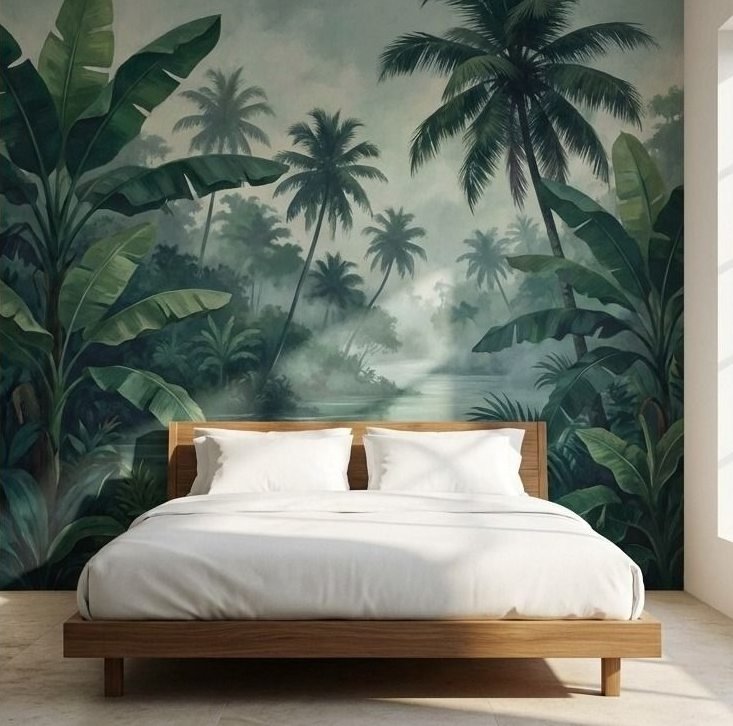 Rain-washed palm mural behind a calm bed