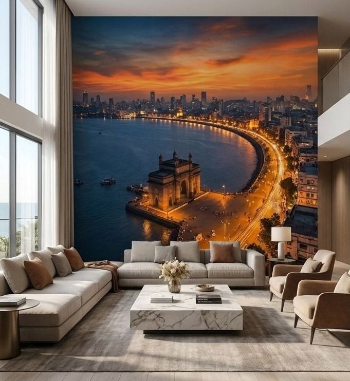 Marine Drive at dusk across a living room wall